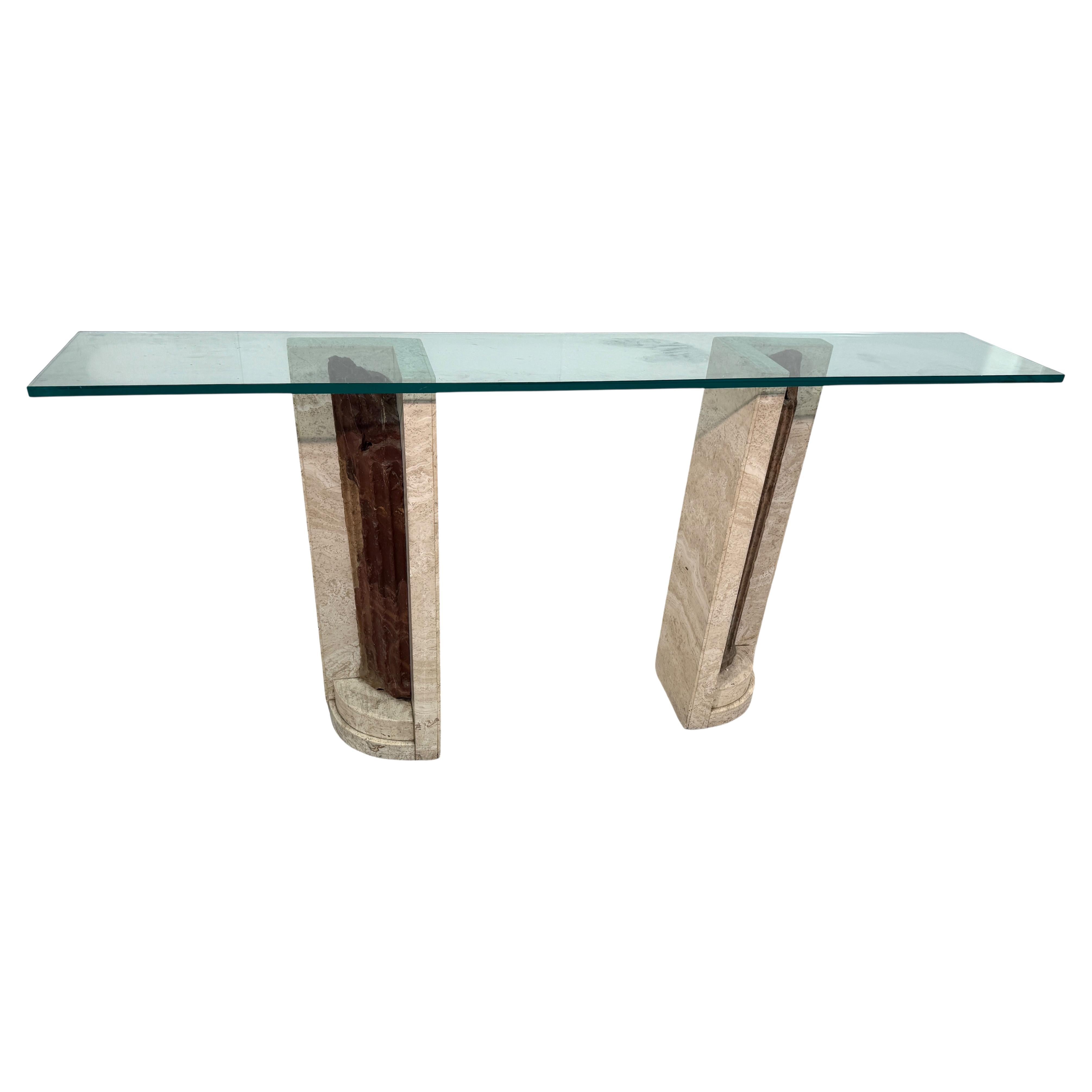 Table console italienne avec base en travertin et fragments de colonnes antiques