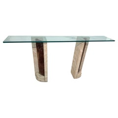 Table console italienne avec base en travertin et fragments de colonnes antiques
