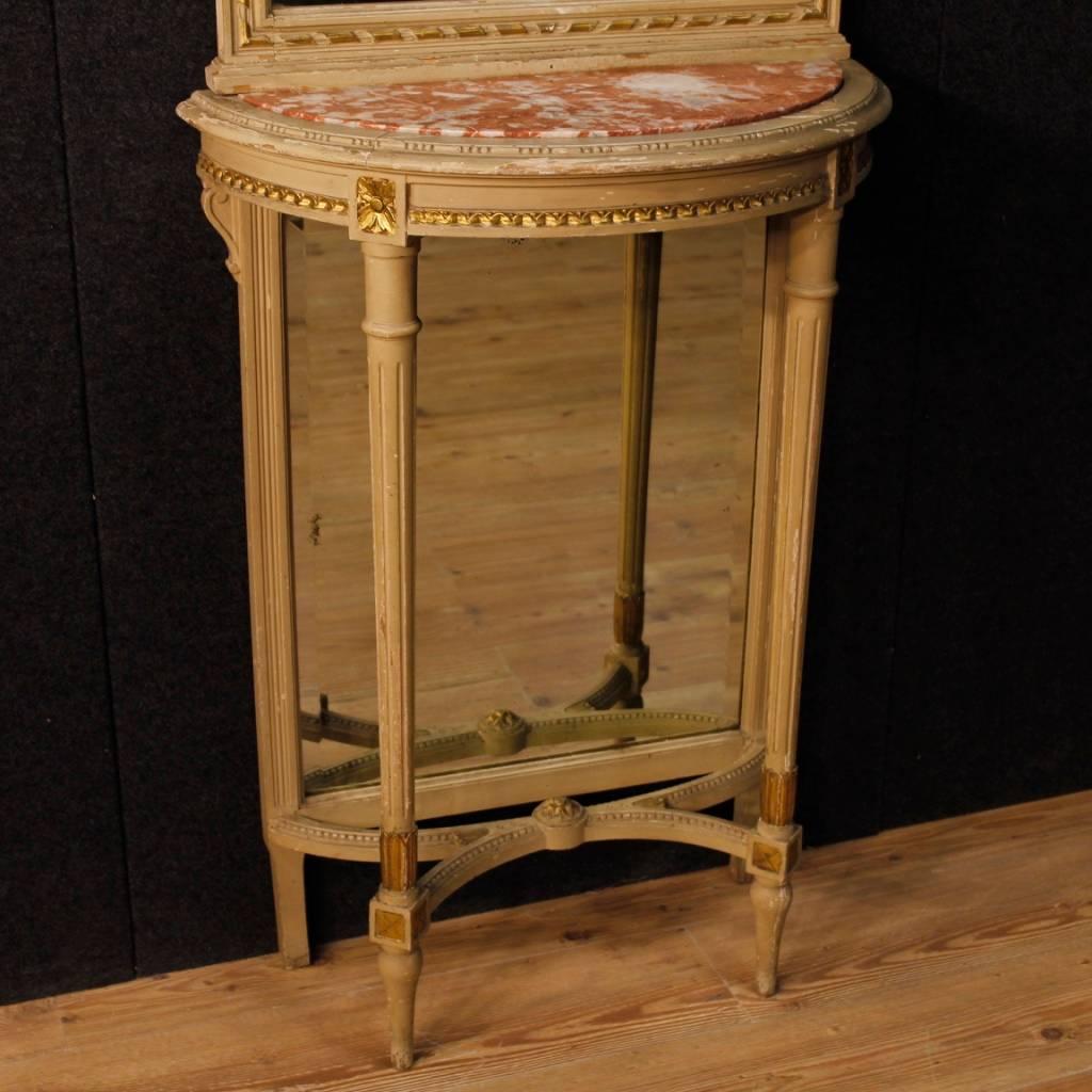 Gilt Italian Console with Mirror in Lacquered Wood in Louis XVI Style, 20th Century