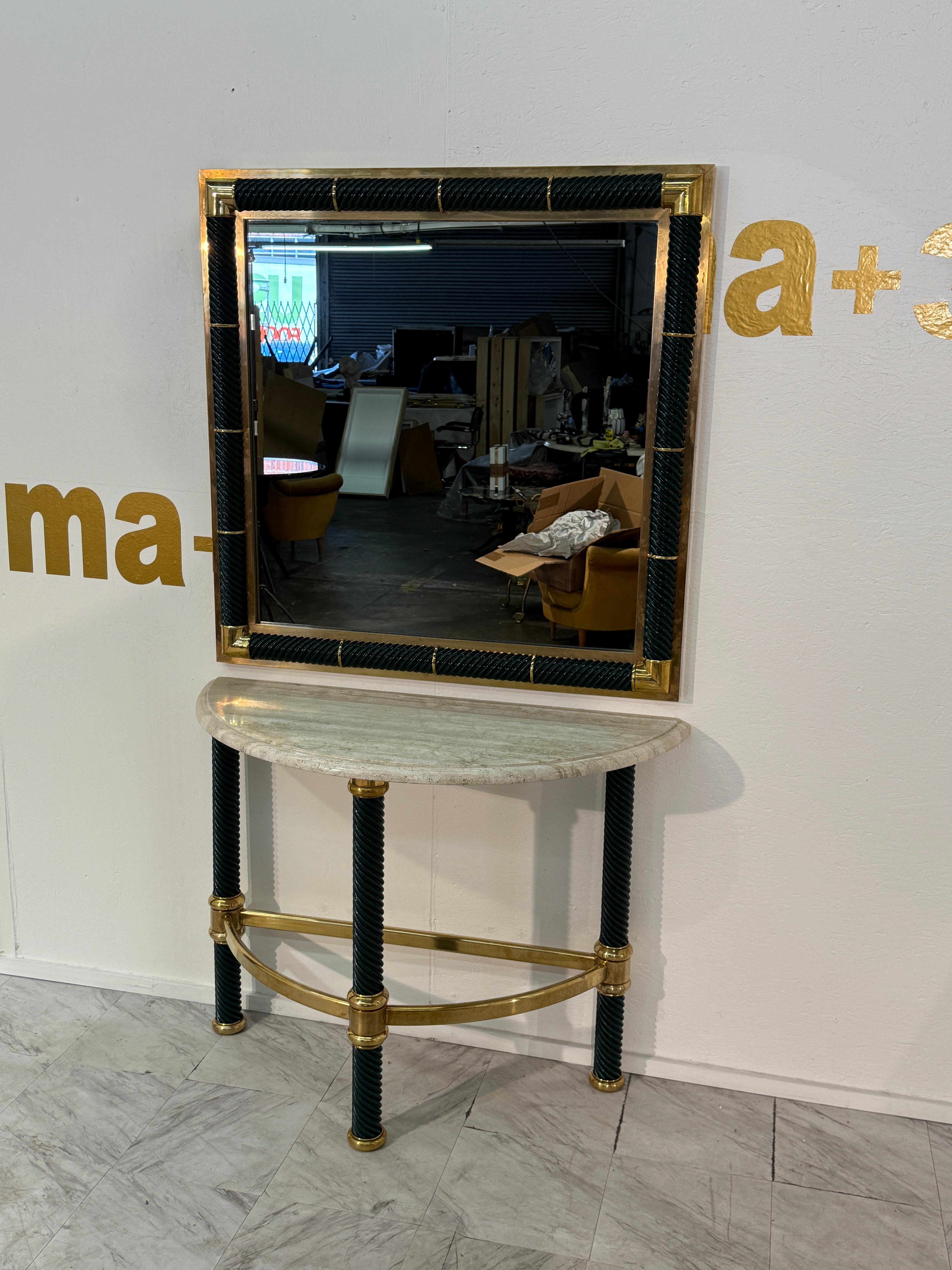 Modern Italian Console with Mirror, Lacquered Dark Green For Sale
