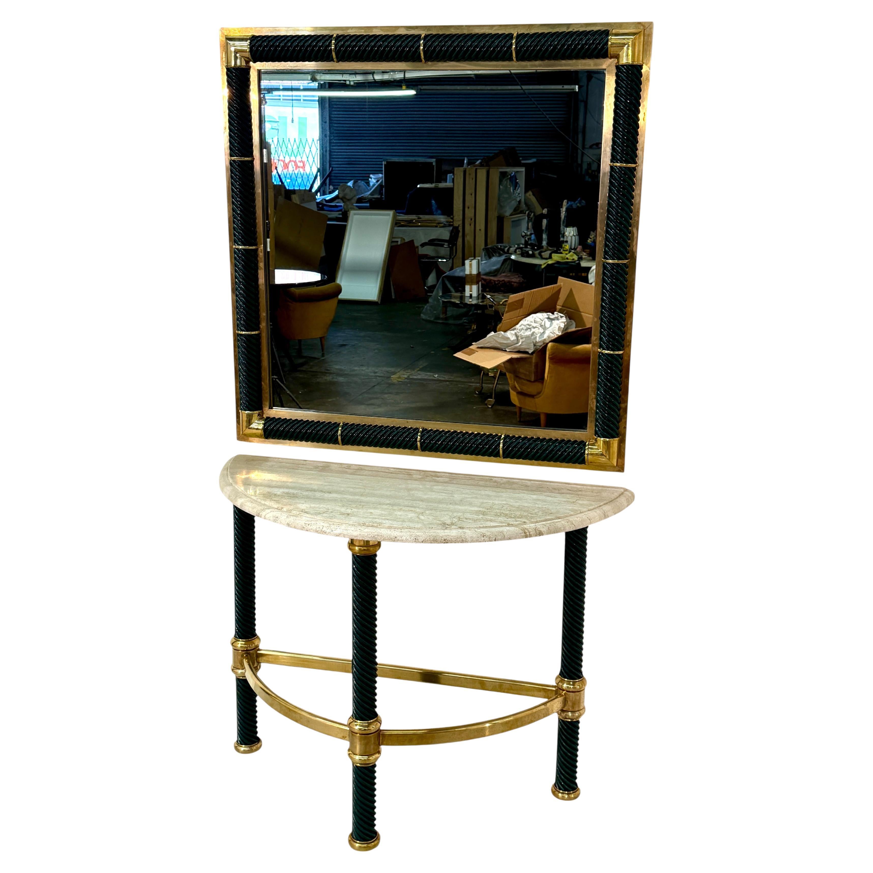 Italian Console with Mirror, Lacquered Dark Green For Sale