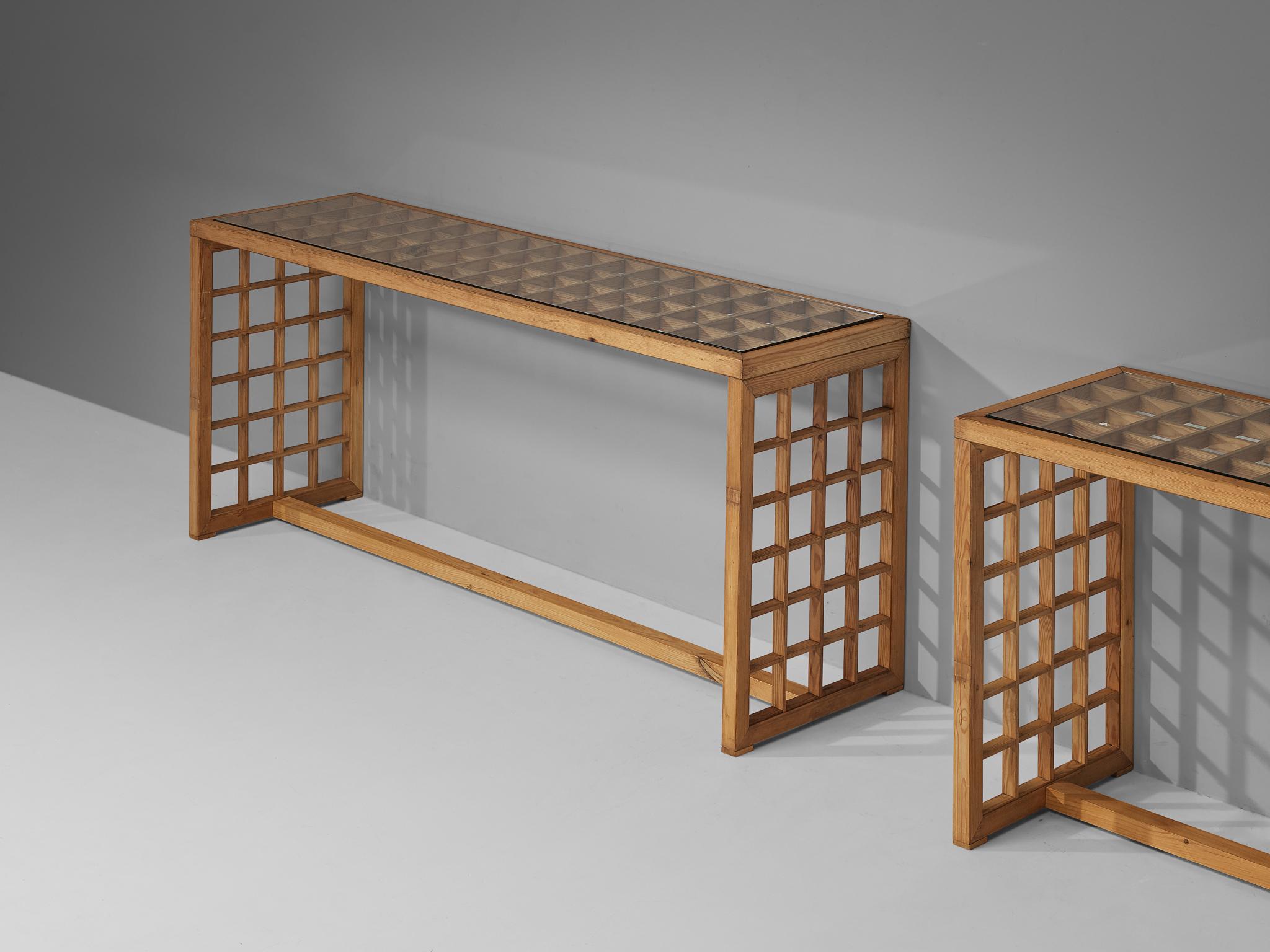 Mid-Century Modern Italian Consoles with Grid Framework in Pine  For Sale