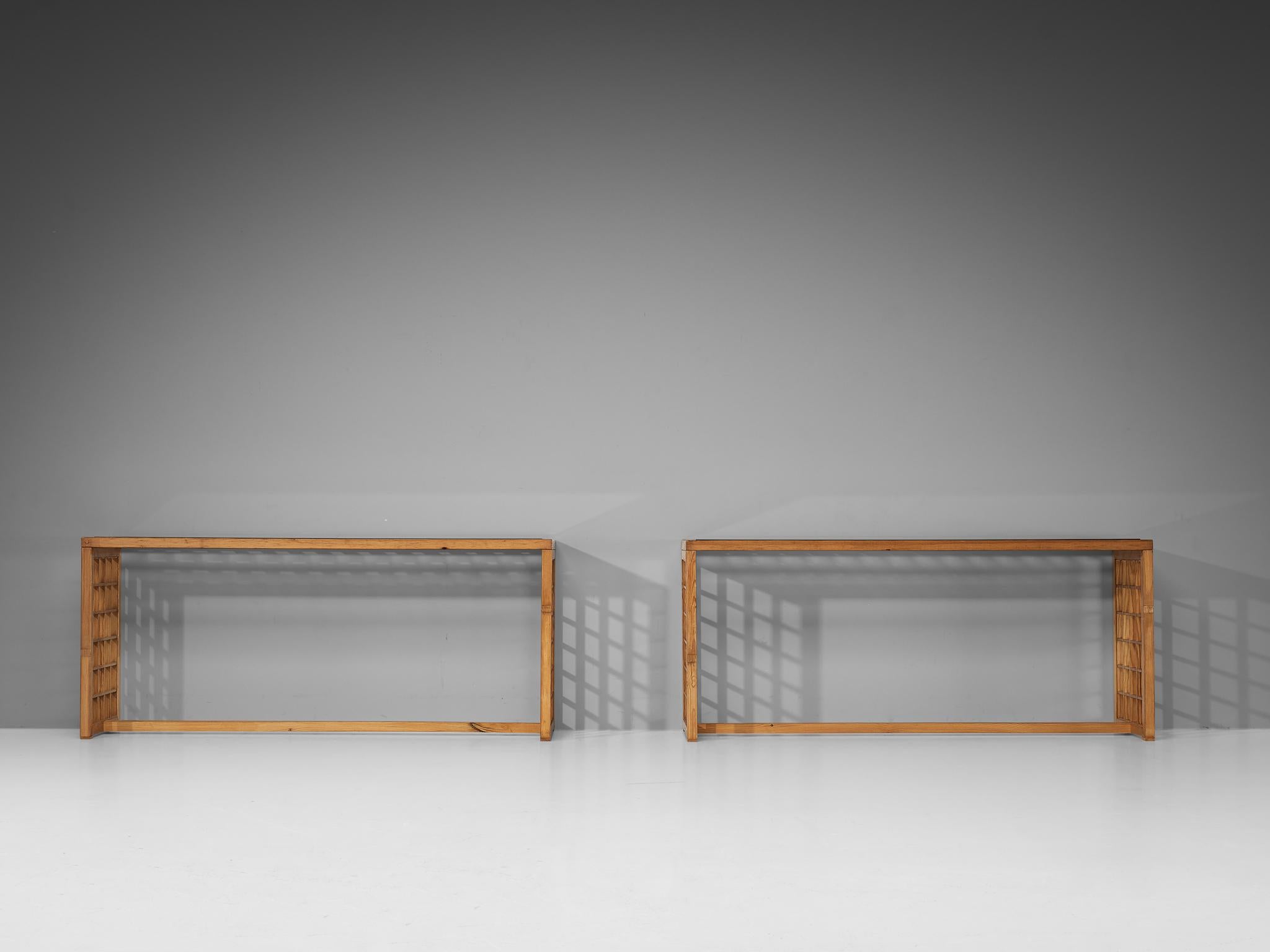 Glass Italian Consoles with Grid Framework in Pine  For Sale