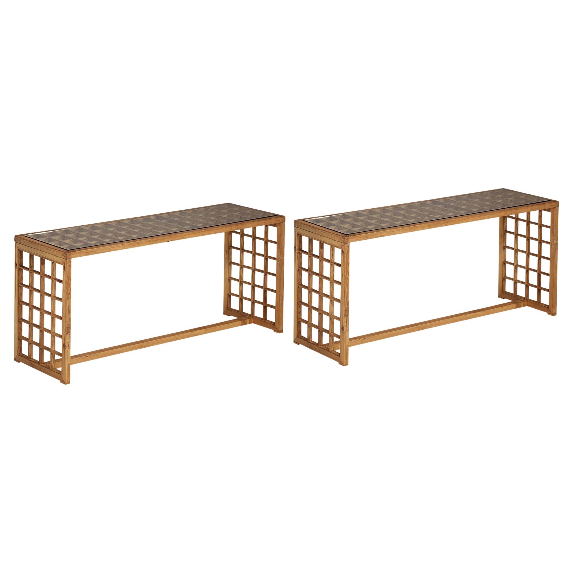 Italian Consoles with Grid Framework in Pine  For Sale