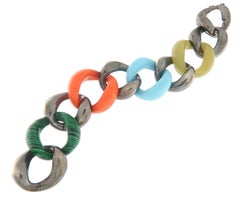 Italian Contemporary 800 Silver & Multi-Gemstone Curb Link Bracelet