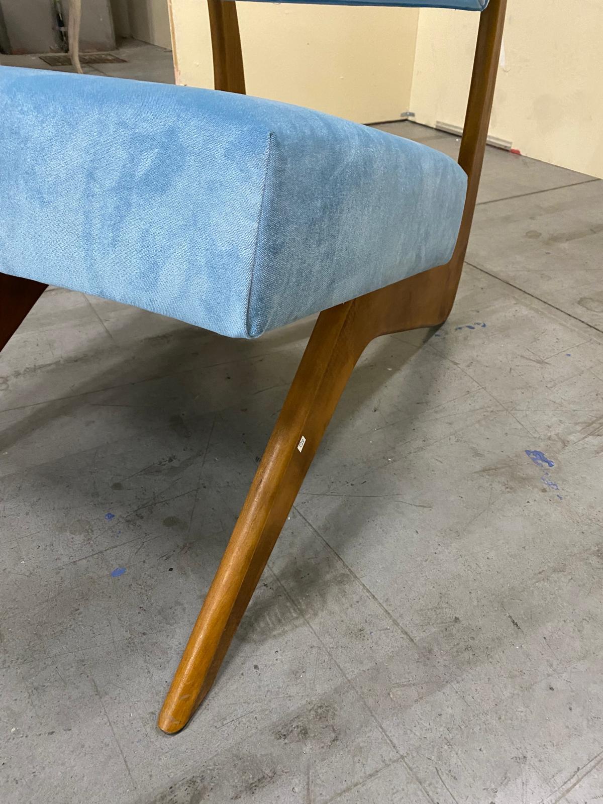 Mid-Century Modern Italian Contemporary Adrian Persal Style Light Blue Velvet and Wood Armachair For Sale