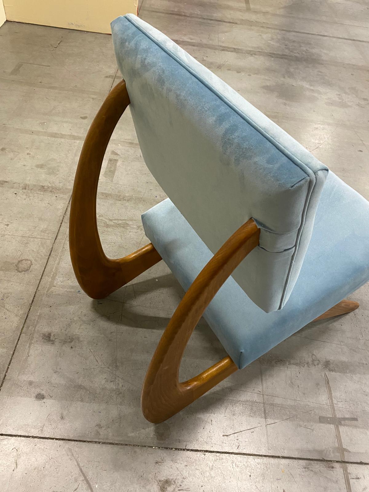 Hand-Crafted Italian Contemporary Adrian Persal Style Light Blue Velvet and Wood Armachair For Sale