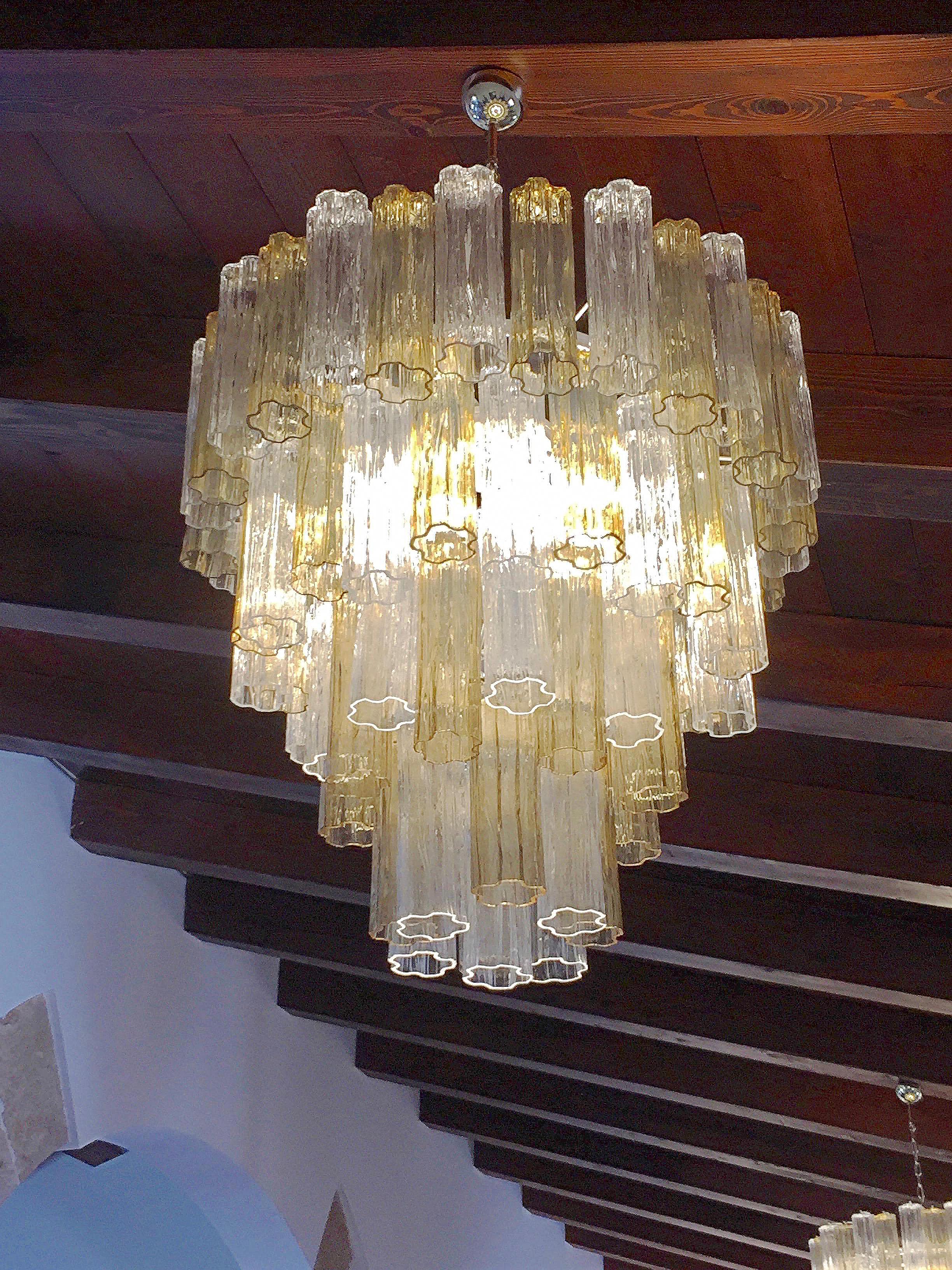 Italian Contemporary Amber & Crystal Clear Murano Glass Tronchi Star Chandelier For Sale 5