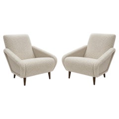 Italian Contemporary Armchairs Upholstered in Ivory Wool and Wooden Legs