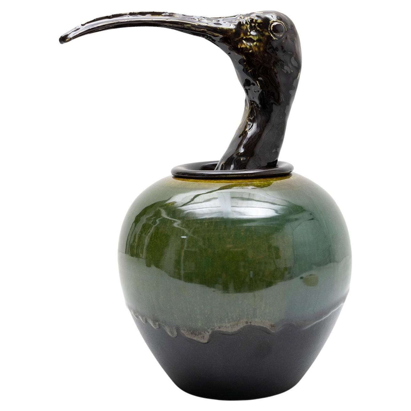 Italian Contemporary Artistic Ceramic Canopo Ibis Black and Green Vase by Amaaro