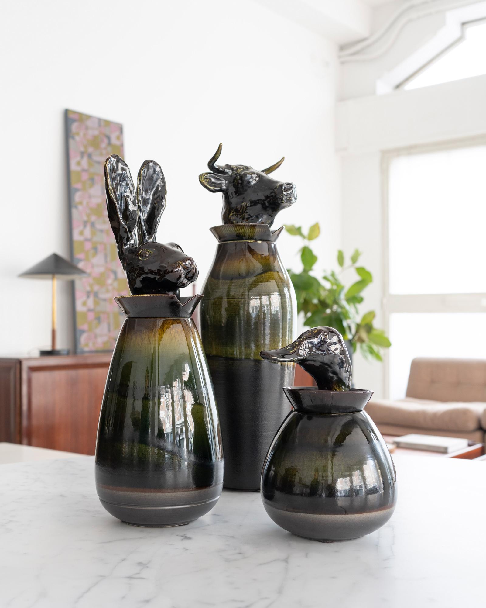 Hand-Painted Italian Contemporary Artistic Ceramic Canopo Rabbit Black Green Vase by Amaaro For Sale