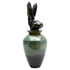 Italian Contemporary Artistic Ceramic Canopo Rabbit Black Green Vase by Amaaro