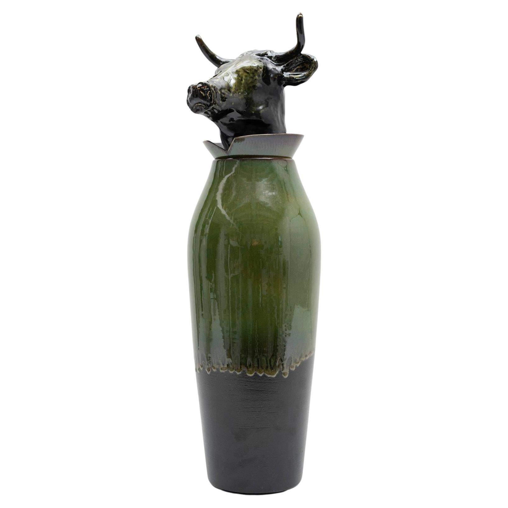 Italian Contemporary Artistic Ceramic Canopo Taurus Black Green Vase by Amaaro