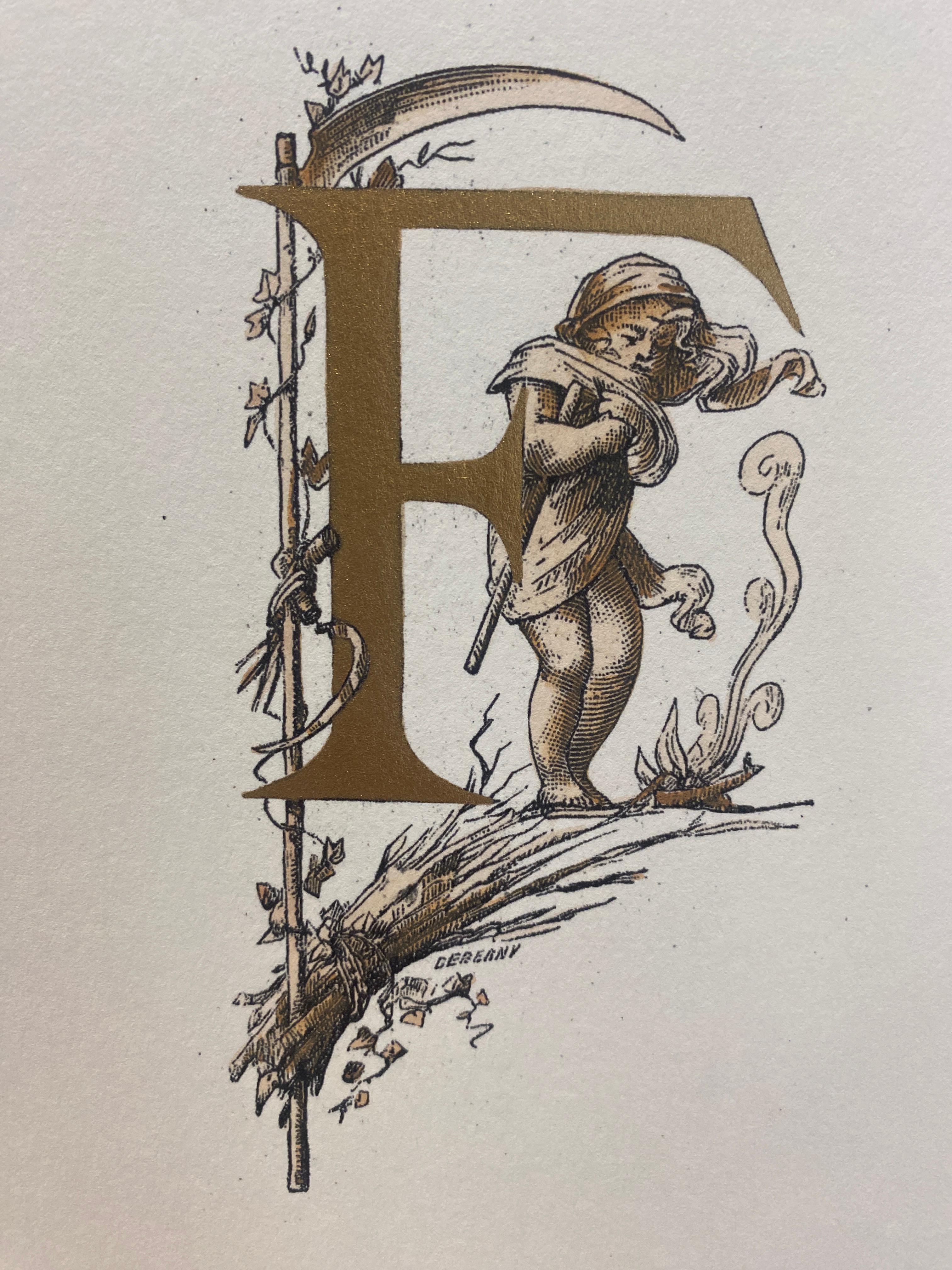 Elegant hand-pressed print representing  some letters of the alphabet with allegorical figure,  illustrated through the image of small grotesque angels translating the letters through arts and crafts. In this one we find the letter F representing a