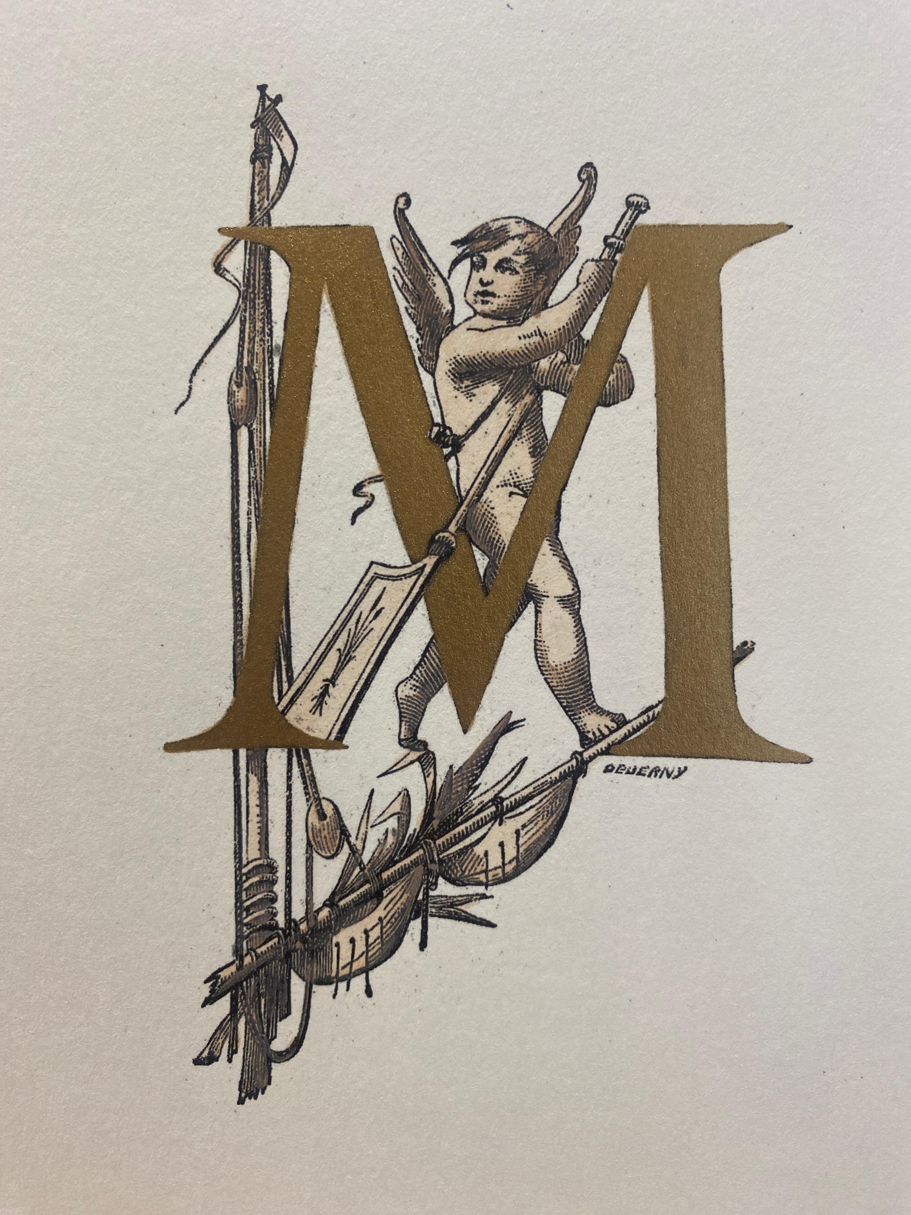 Elegant hand-pressed print representing  some letters of the alphabet with allegorical figure,  illustrated through the image of small grotesque angels translating the letters through arts and crafts. In this one we find the letter M representing
