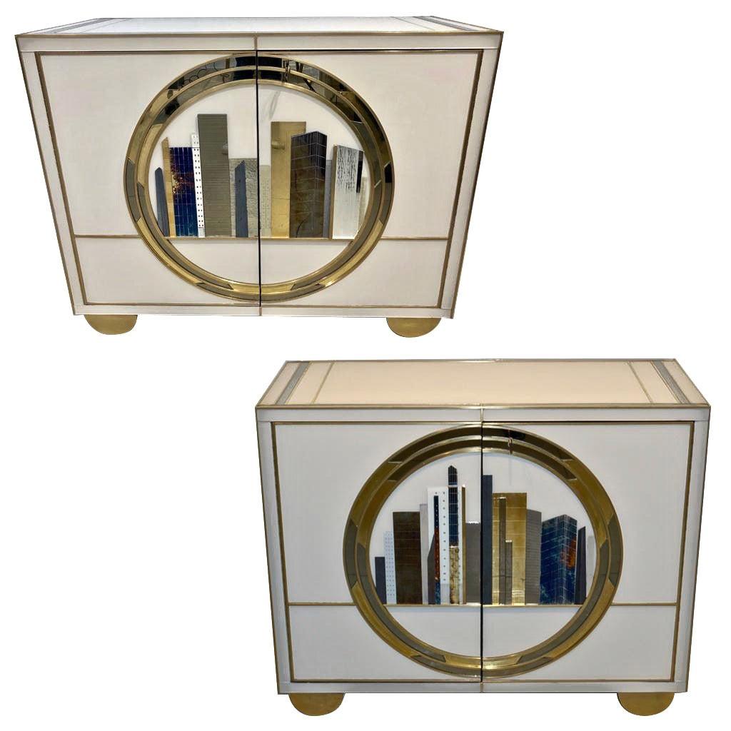Italian Contemporary Bespoke Ivory Cabinets with New York Blue & Gold Sculpture For Sale