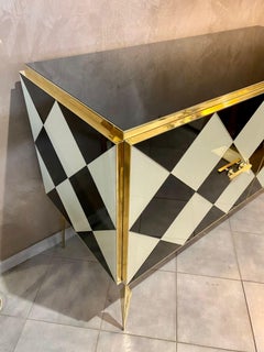 Italian Contemporary Black White Check Murano Glass, Brass and Wood Sideboard