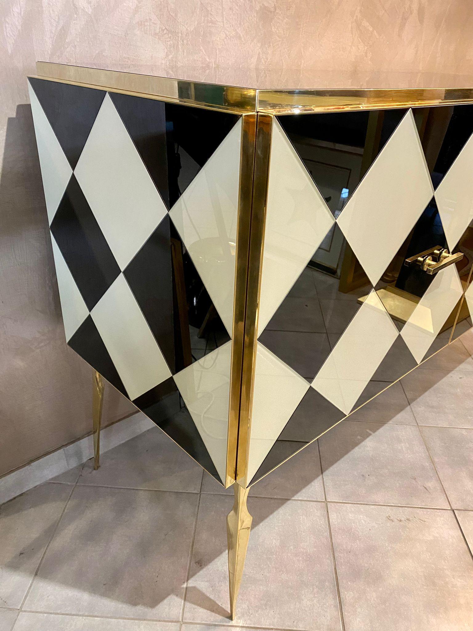 Modern Italian Contemporary Black White Check Murano Glass, Brass and Wood Sideboard For Sale