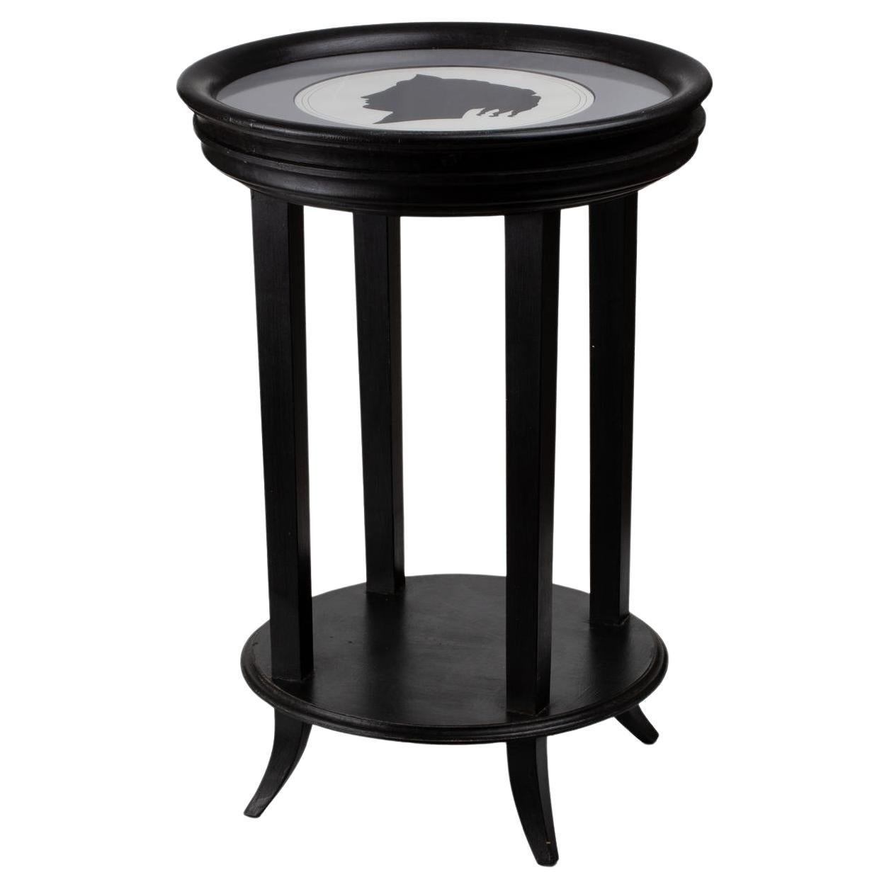 Italian Contemporary Black Wooden Side Table with Neoclassical Profile Print For Sale