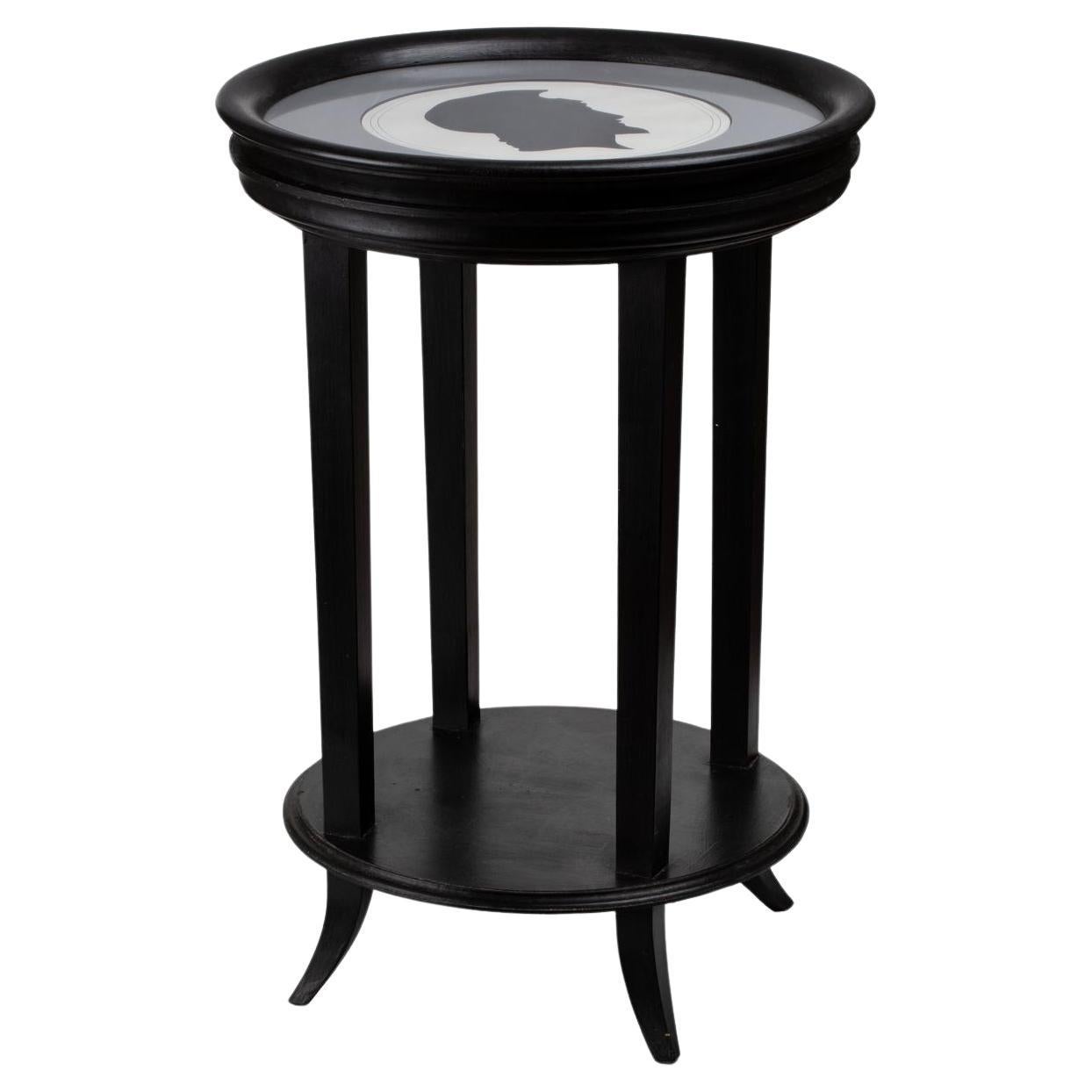 Italian Contemporary Black Wooden Side Table with Neoclassical Profile Print For Sale