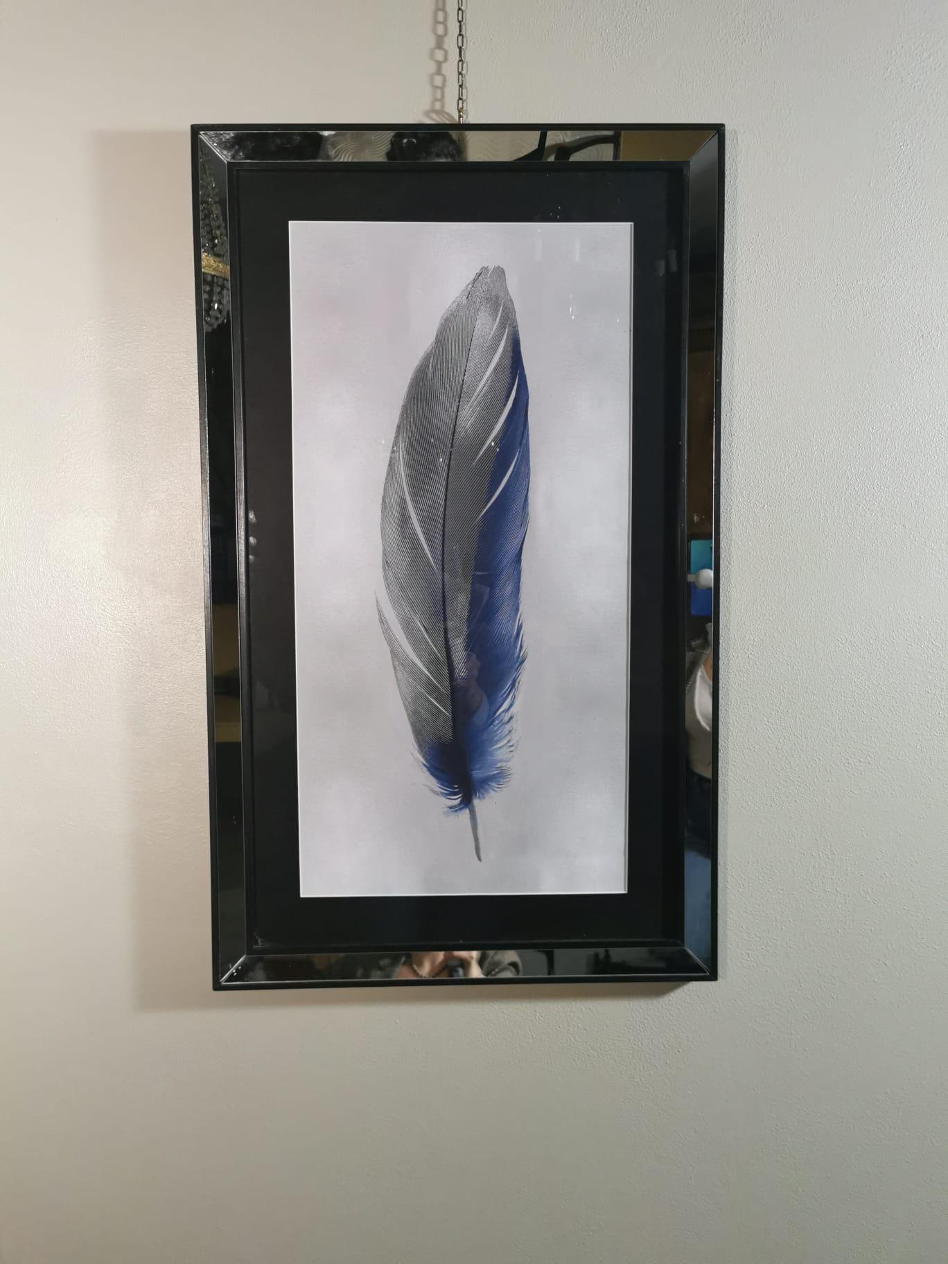 Italian Contemporary Blue Feather Print with Mirrored Frame Set of Two In New Condition For Sale In Scandicci, Florence