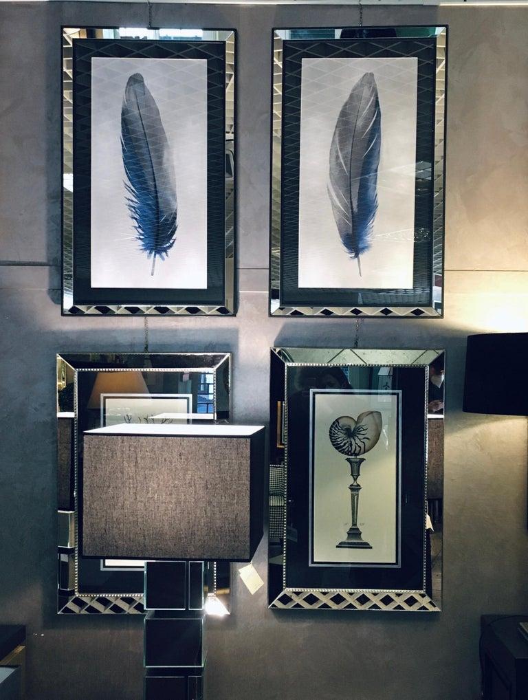 Italian Contemporary Blue Feather Print with Mirrored Frame Set of Two For Sale 5