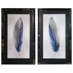 Italian Contemporary Blue Feather Print with Mirrored Frame Set of Two