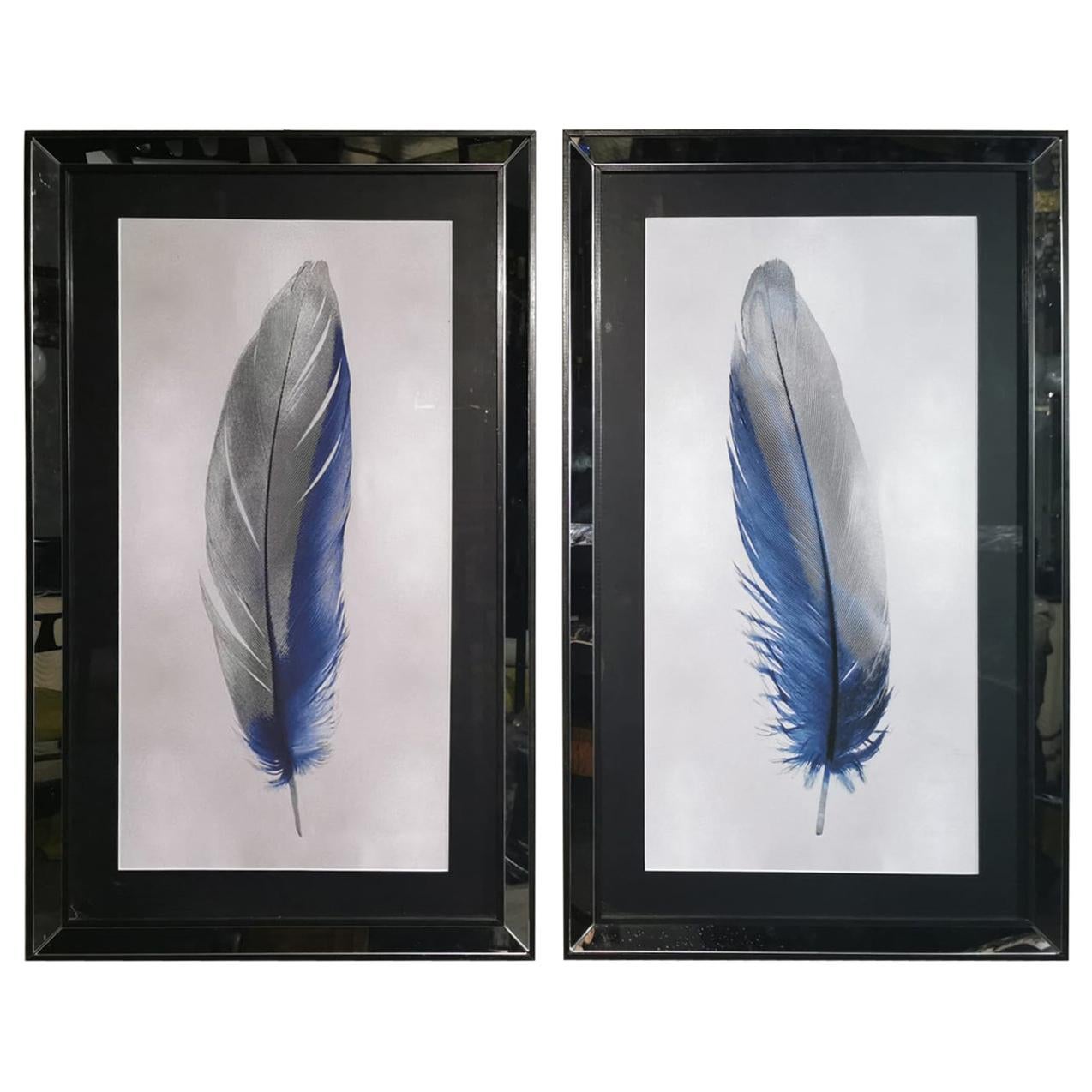 Italian Contemporary Blue Feather Print with Mirrored Frame Set of Two