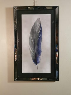 Italian Contemporary Blue Feather Print with Mirrored Frame Set of Two