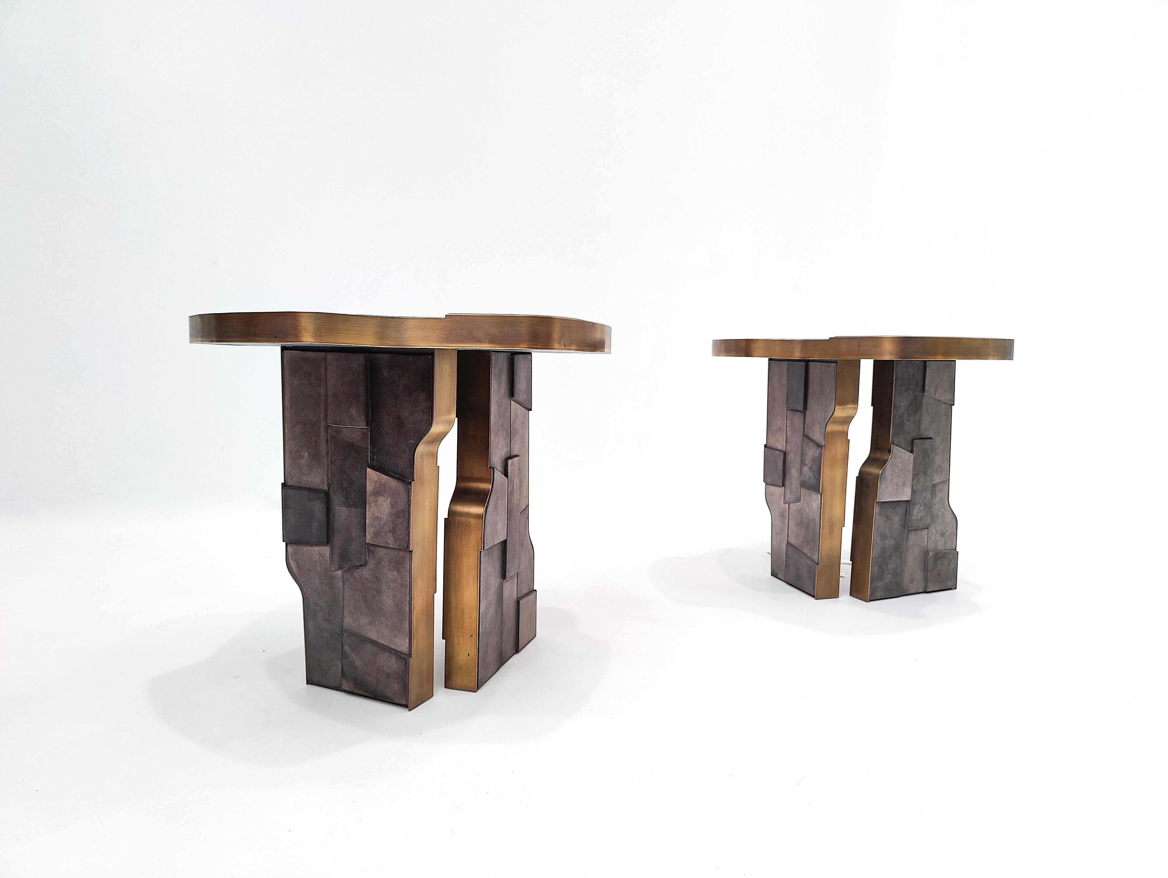 Italian contemporary brass and ceramic side table, 2 available.