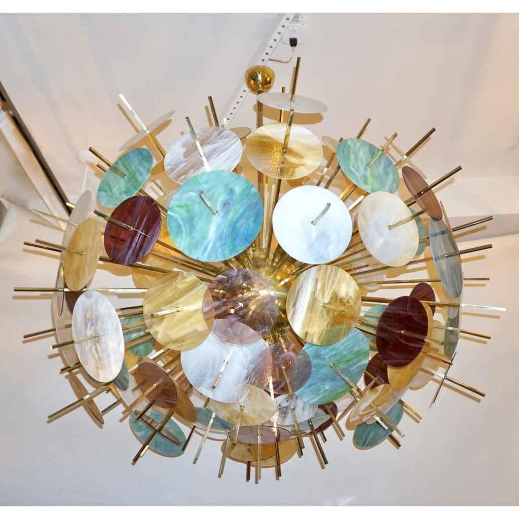 Italian Contemporary Brass & Pastel Murano Glass Oval Sputnik Modern Chandelier For Sale 6