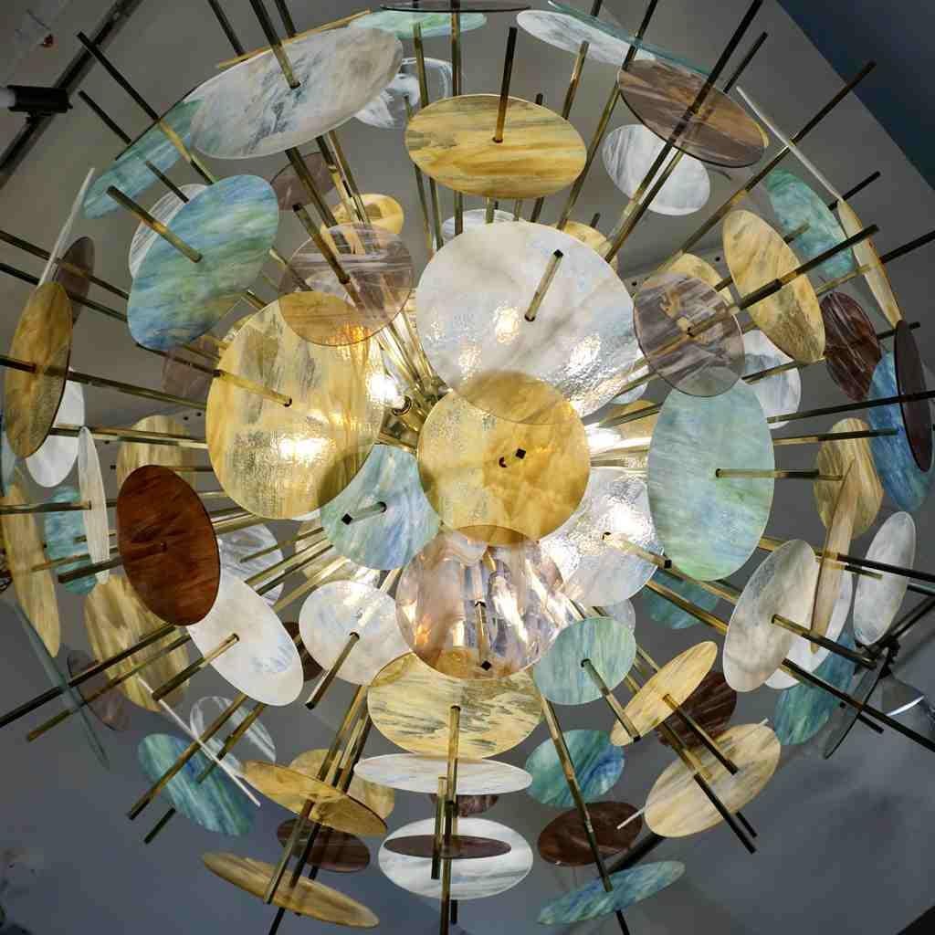 Italian Contemporary Brass & Pastel Murano Glass Oval Sputnik Modern Chandelier For Sale 8