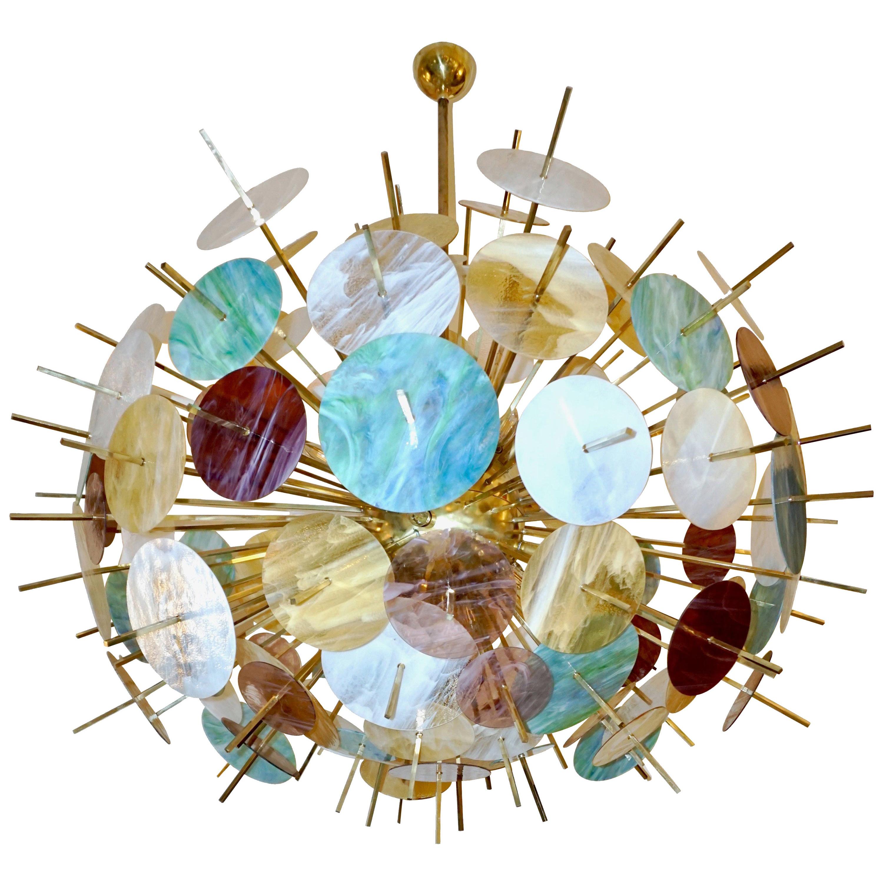 Italian Contemporary Brass & Pastel Murano Glass Oval Sputnik Modern Chandelier For Sale