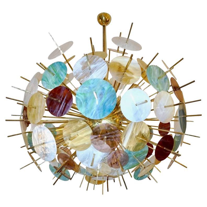 Italian Contemporary Brass & Pastel Murano Glass Oval Sputnik Modern Chandelier For Sale