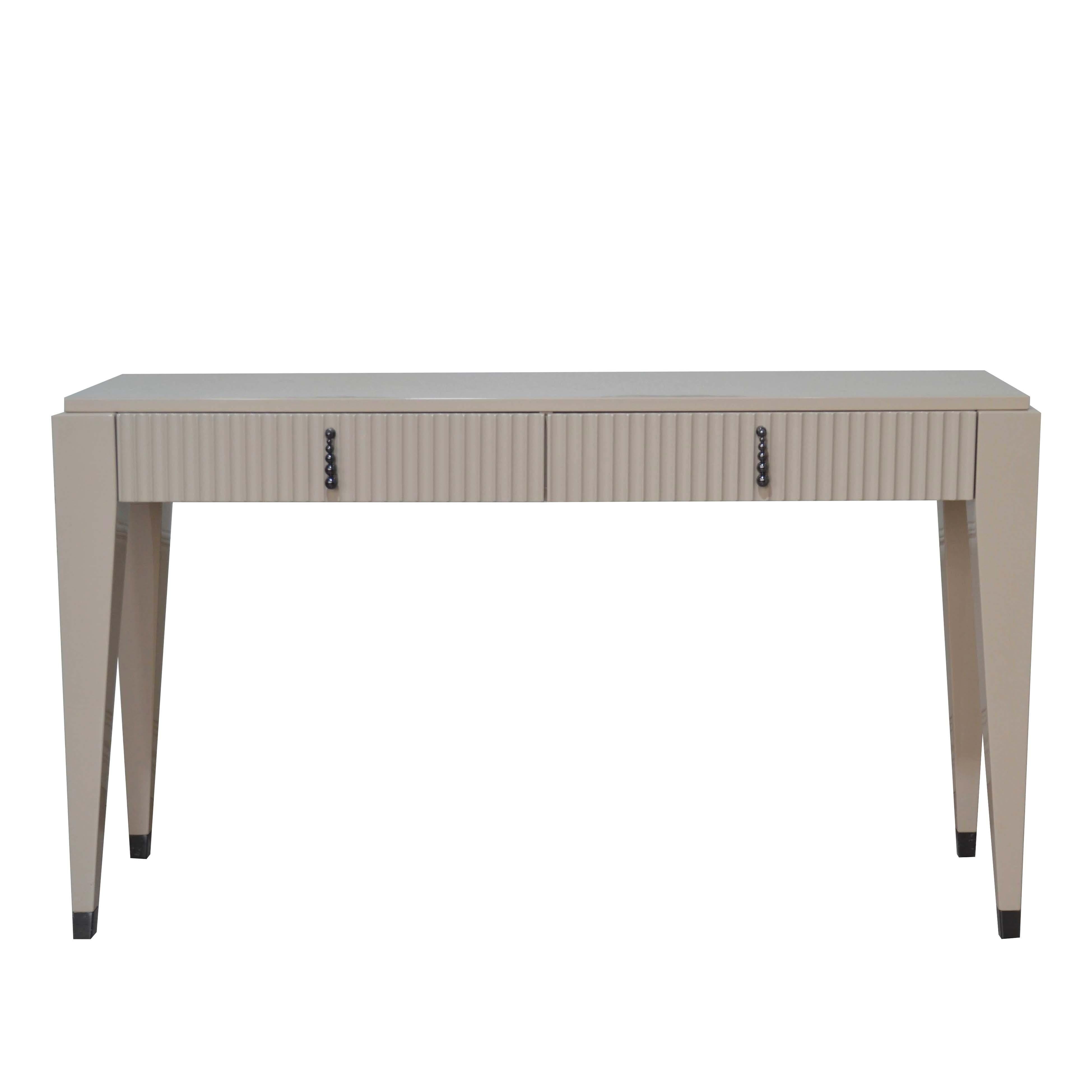 Elegant Italian beige cappuccino veneer console/writing desk from the style of Art Deco period supported on four legs with a high-gloss polish finish. In the style of CAVIO, with two drawers, that are upholstered inside. Its dimensions and