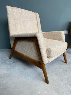 Italian Contemporary Creamy White Chenille and Wood Armchair