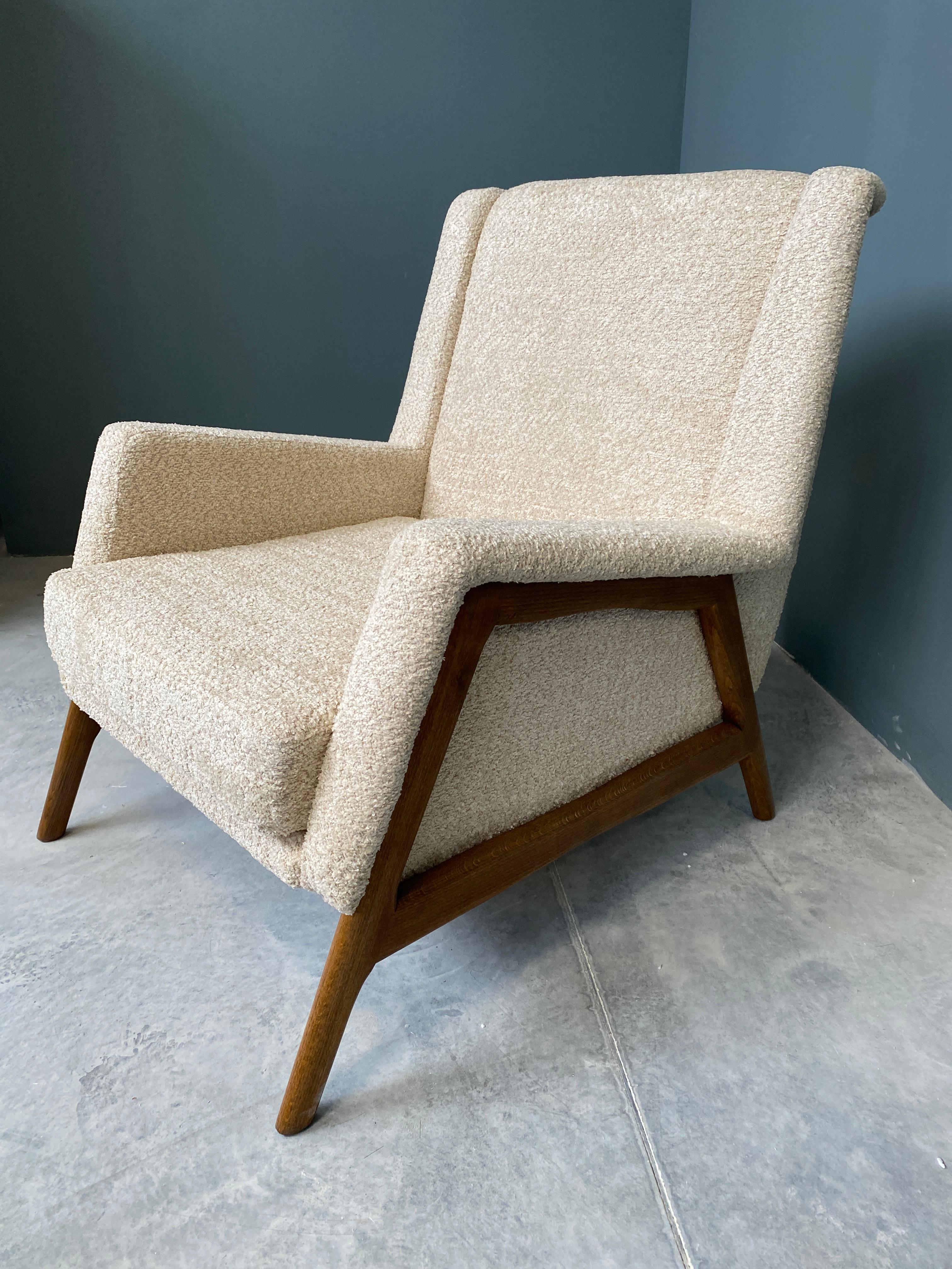Hand-Crafted Italian Contemporary Creamy White Chenille  and Wood Armchair For Sale