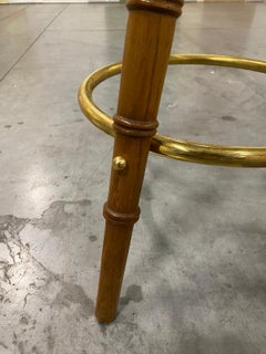 Italian Contemporary Creamy White Fabric, Brass and Bamboo Style Wood Stool