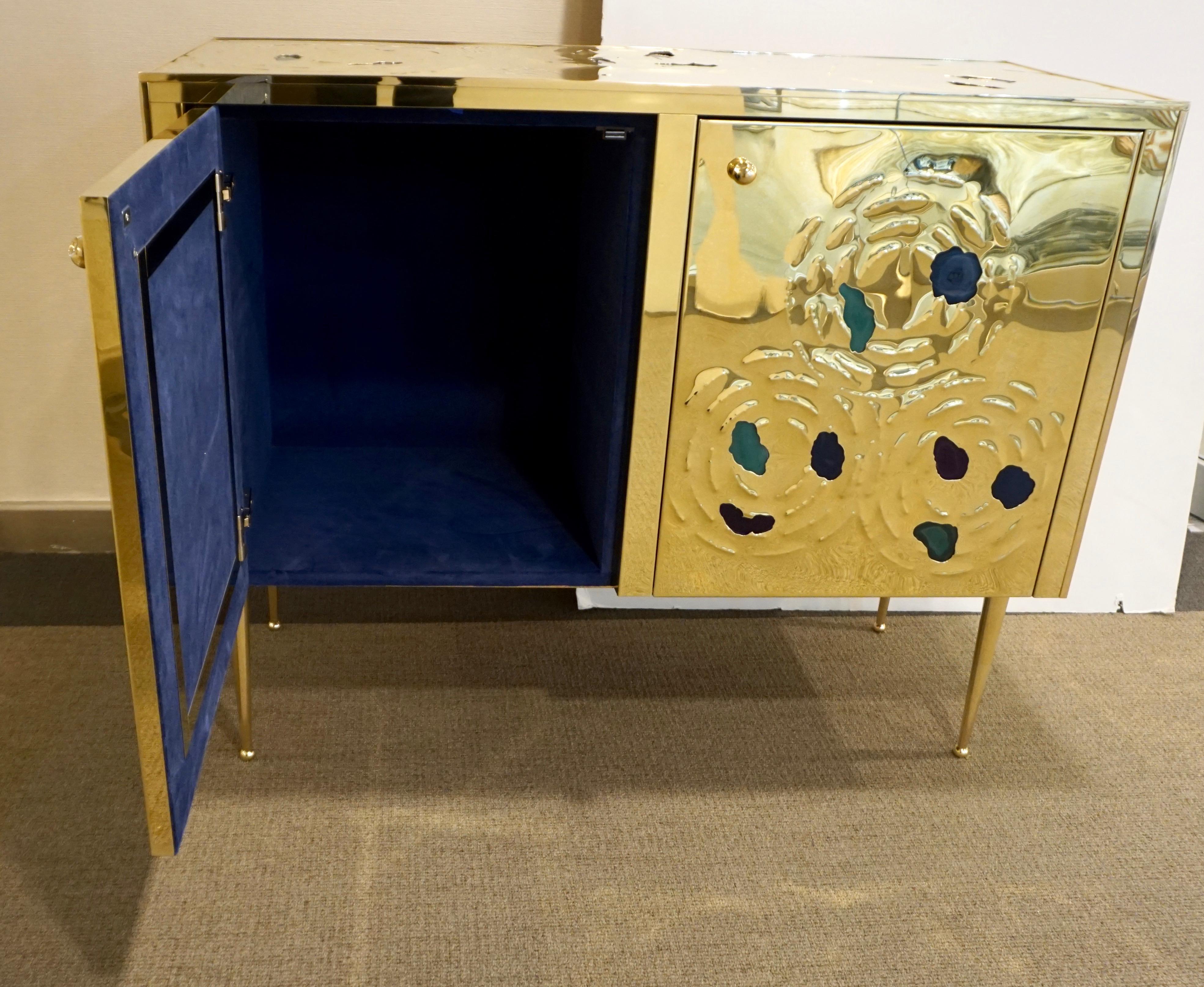 Italian Contemporary Design 2-Door Brass Cabinet with Blue Green Purple Agate For Sale 8