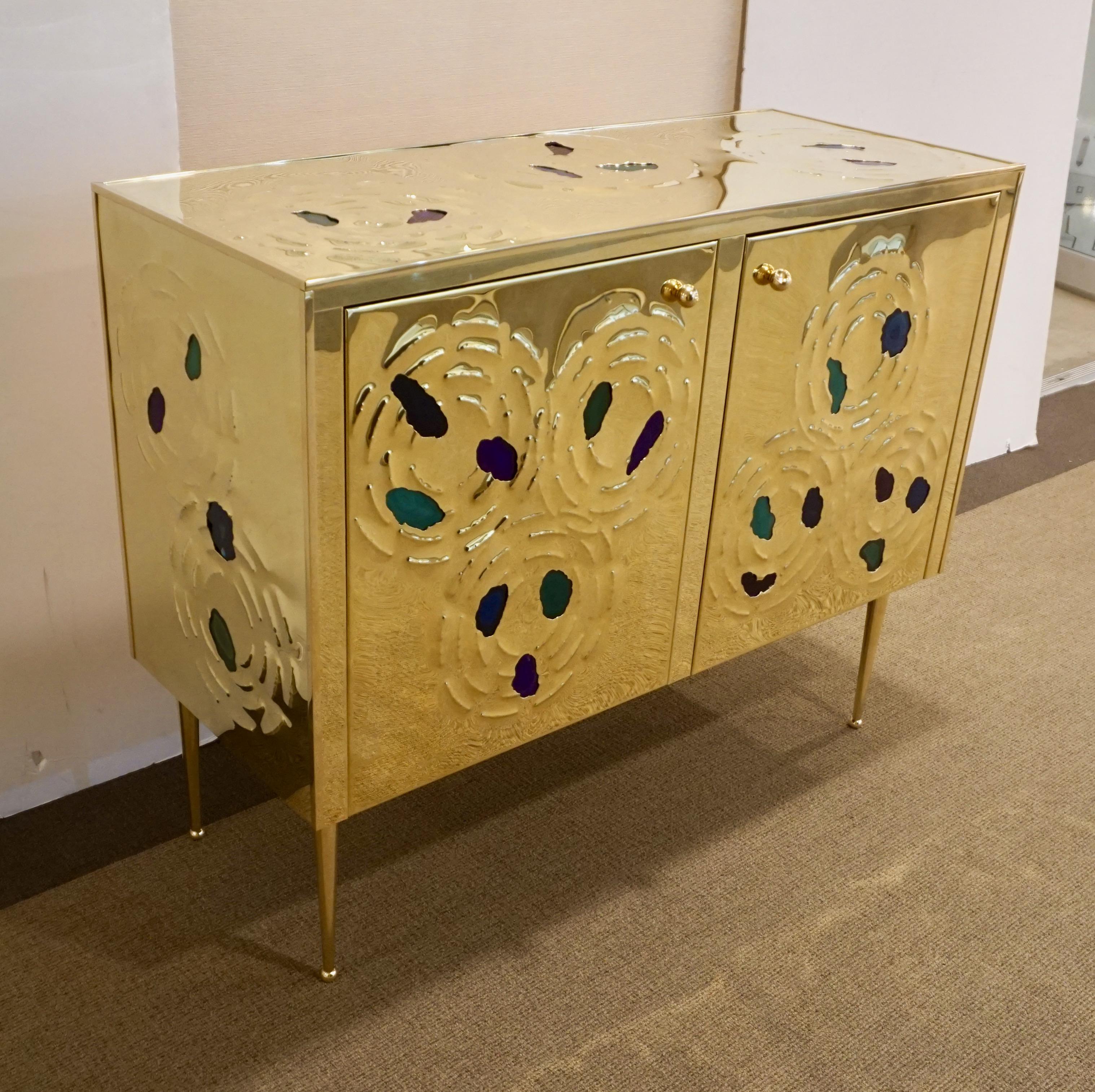 Post-Modern Italian Contemporary Design 2-Door Brass Cabinet with Blue Green Purple Agate For Sale