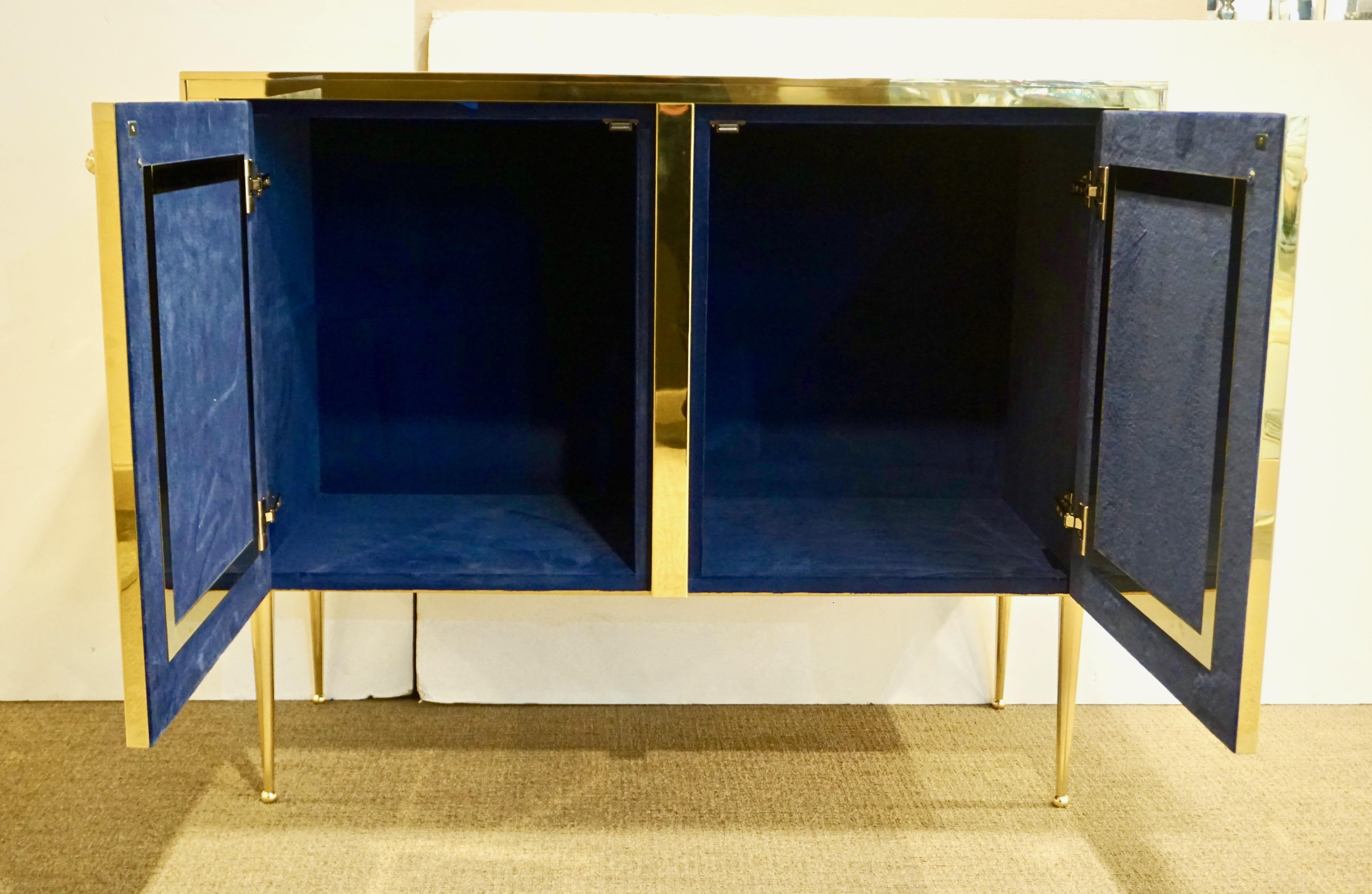 Hand-Carved Italian Contemporary Design 2-Door Brass Cabinet with Blue Green Purple Agate For Sale