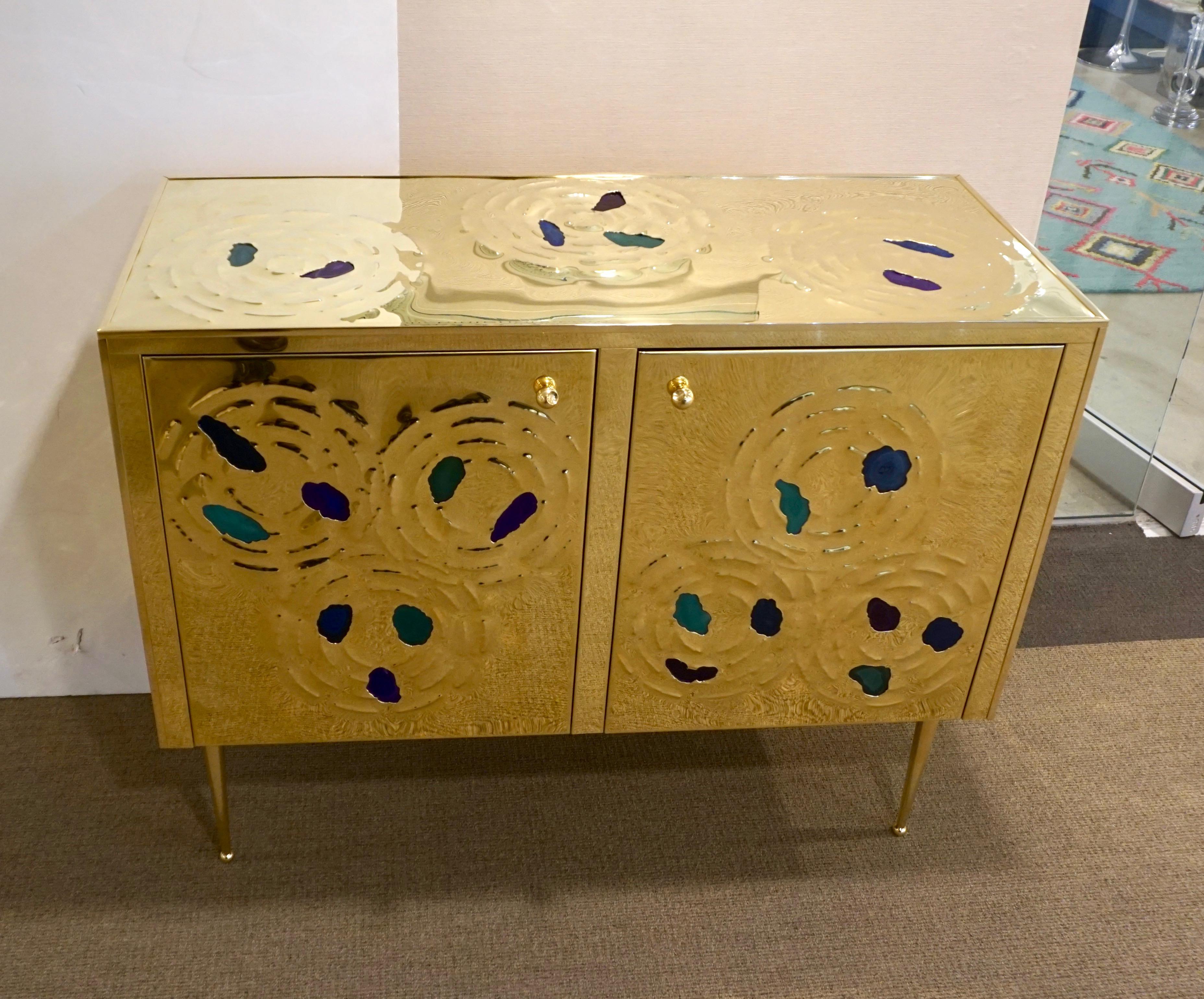Hand-Crafted Italian Contemporary Design 2-Door Brass Cabinet with Blue Green Purple Agate For Sale