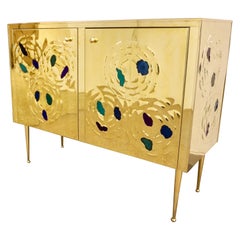 Italian Contemporary Design 2-Door Brass Cabinet with Blue Green Purple Agate