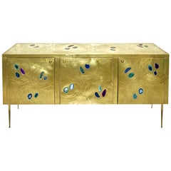 Italian Contemporary Fine Design Brass Cabinet with Blue Green Purple Agate