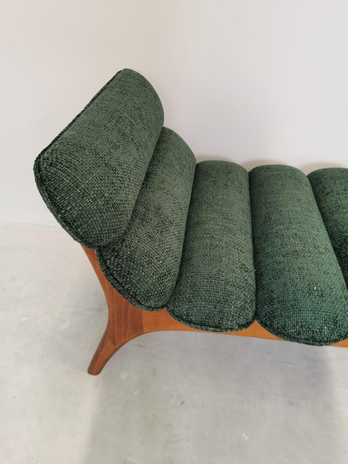 Italian Contemporary Forest Green Chenille  and Wood Bench For Sale 5