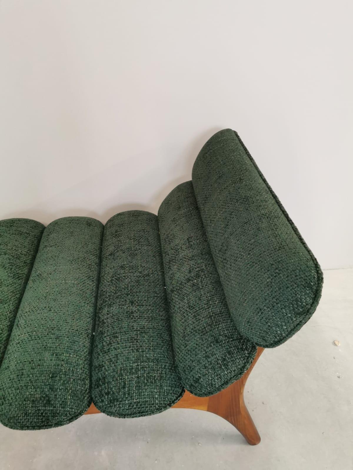 Modern Italian Contemporary Forest Green Chenille  and Wood Bench For Sale