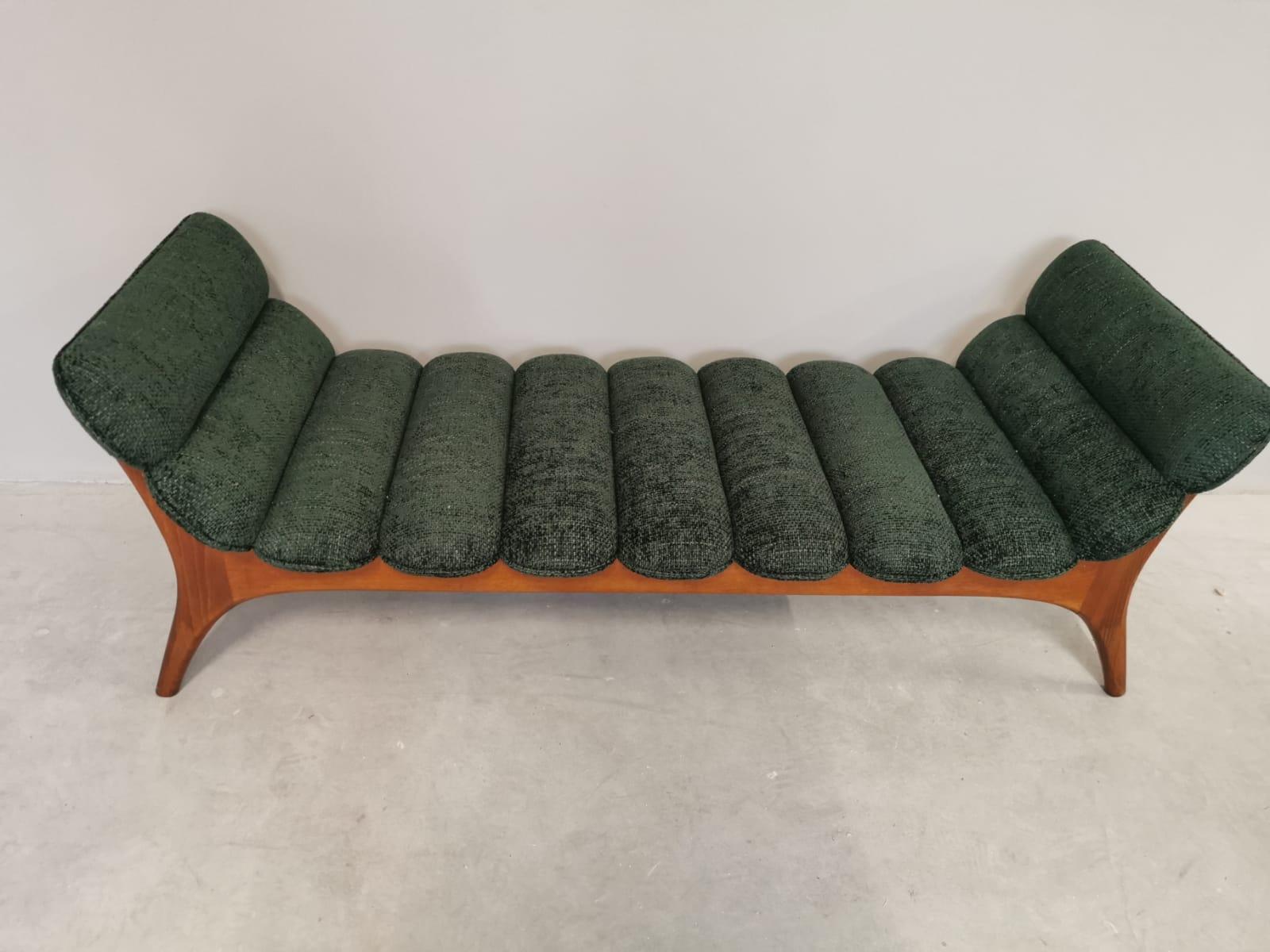 Italian Contemporary Forest Green Chenille  and Wood Bench For Sale 3