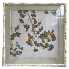 Impression contemporaine italienne de la plante Ginko avec cadre en bois de style bambou blanc
