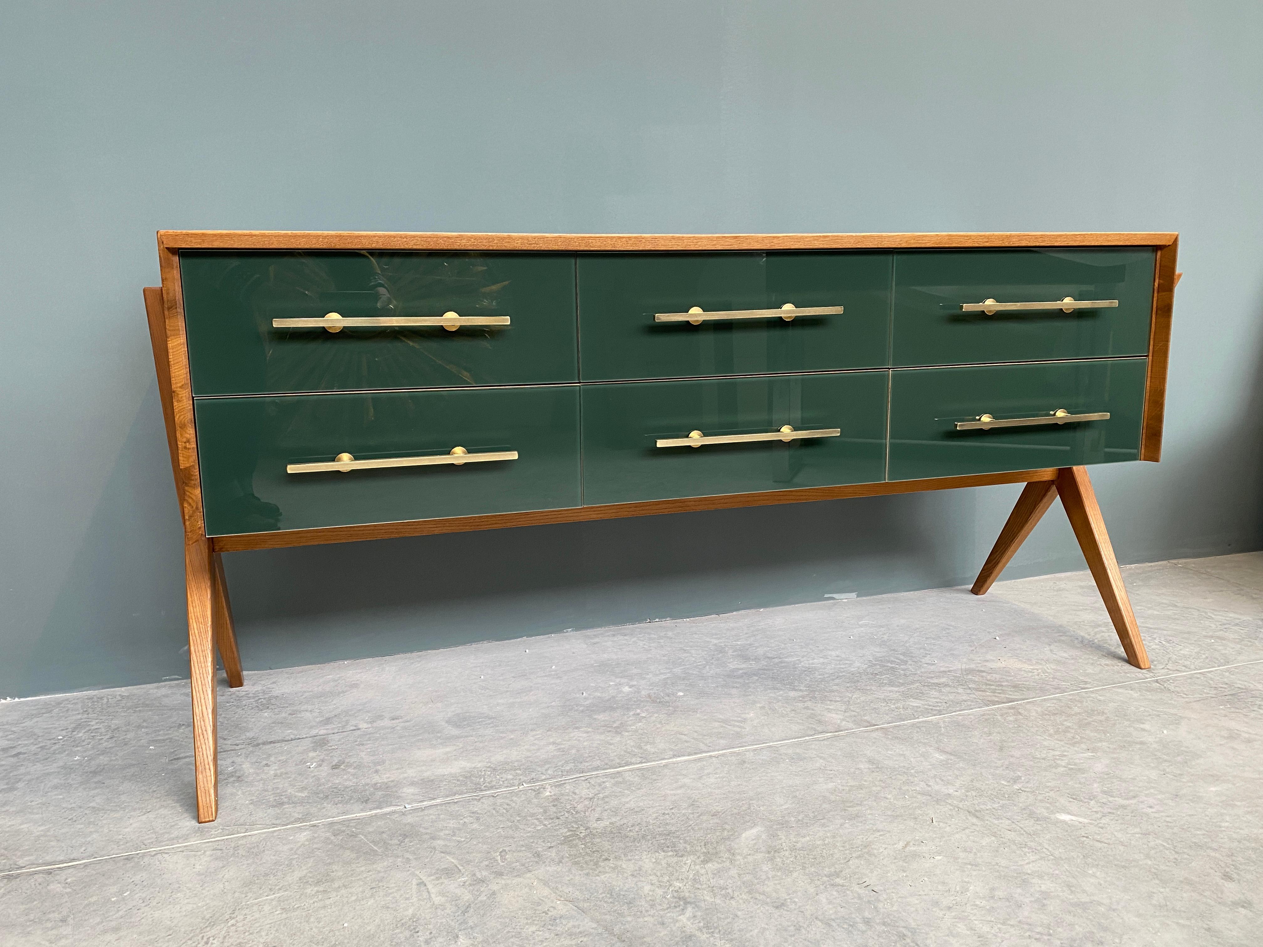 Hand-Crafted Italian Contemporary Green Murano Glass, Brass and Wood Dresser For Sale