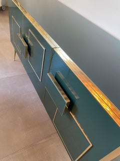 Italian Contemporary Green Murano Glass, Brass and Wood Sideboard
